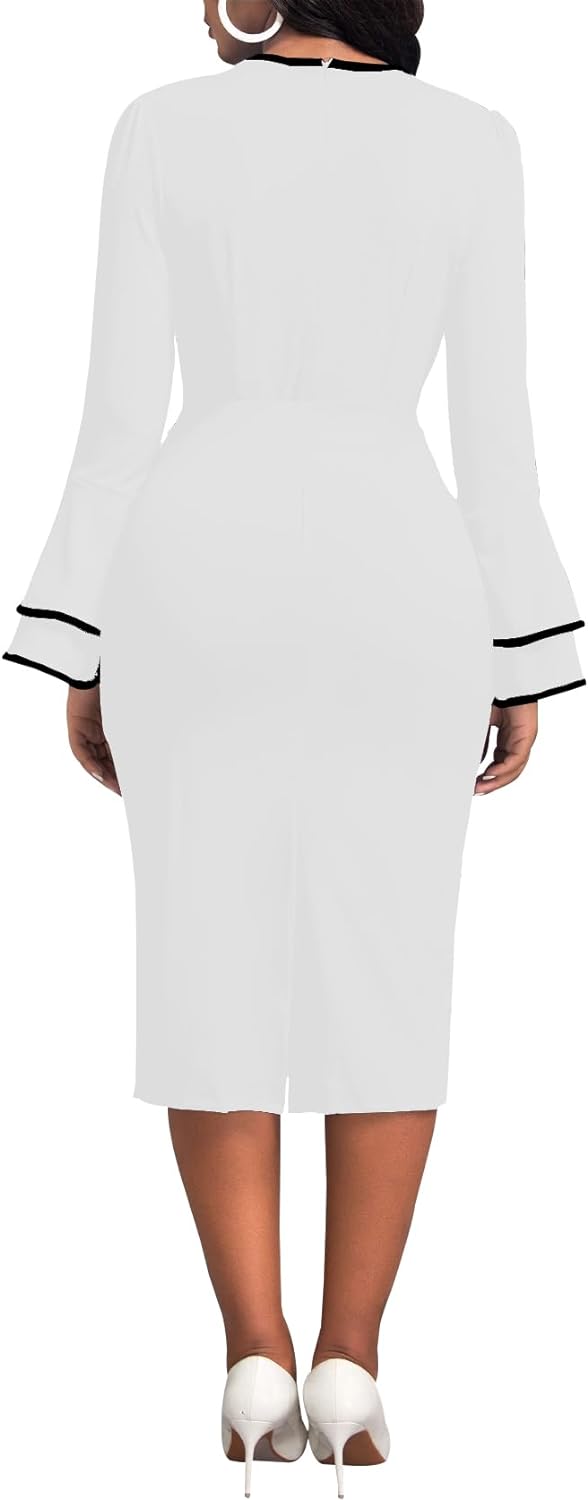Women Church Dresses Bodycon Long Sleeve Vintage Ruched Work Midi Pencil Dress