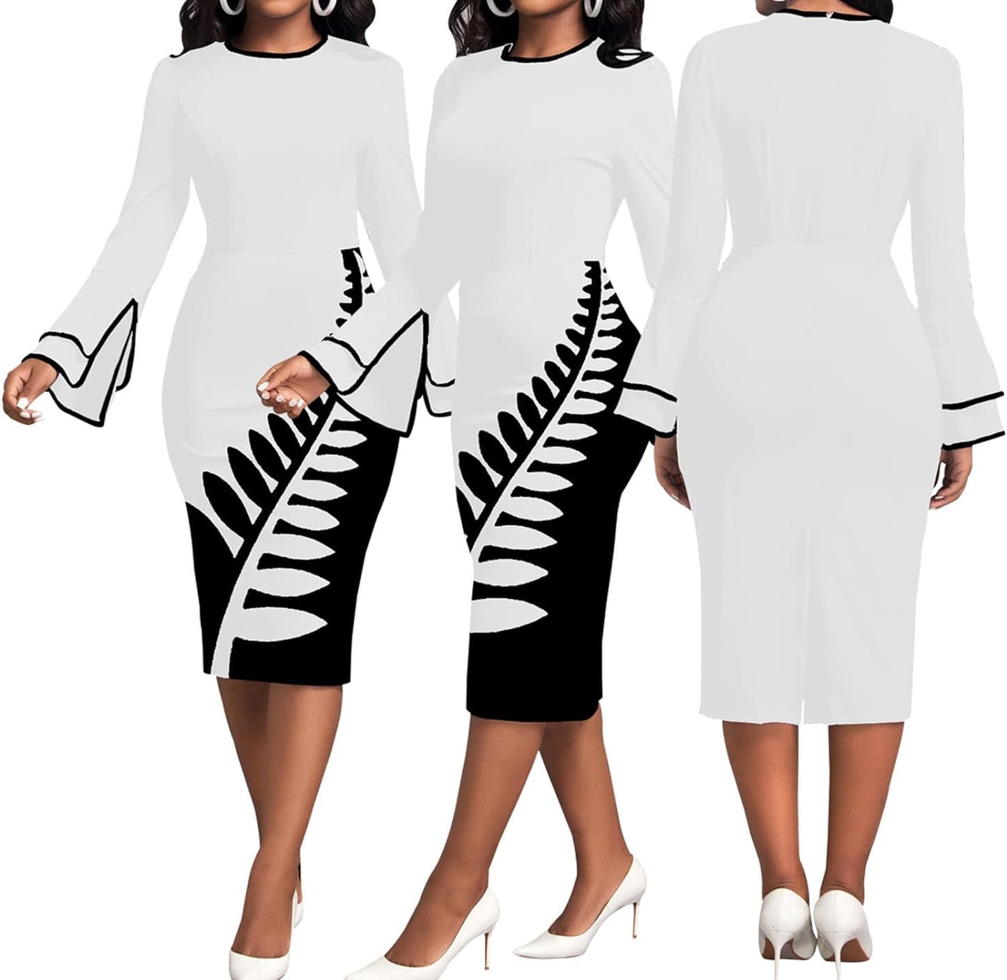 Women Church Dresses Bodycon Long Sleeve Vintage Ruched Work Midi Pencil Dress