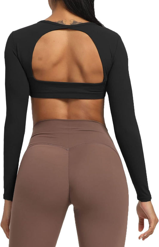 Long Sleeve Crop Tops for Women Clarissa Backless Workout Crop T Shirt Top