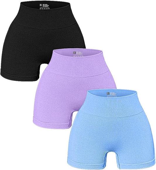 Women'S 3 Piece Yoga Shorts Ribbed Seamless Workout High Waist Athletic Leggings