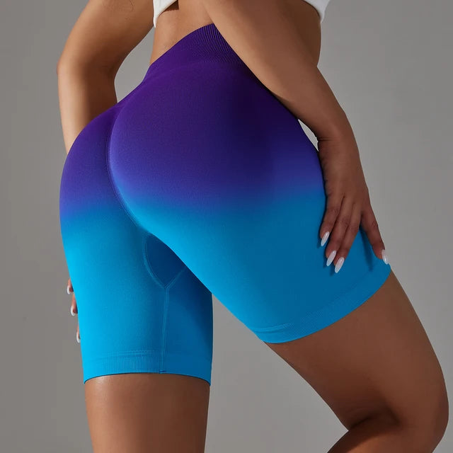 Gradient Yoga Shorts Gym Running Workout Shorts Seamless Sports Shorts Women'S High Waist Elastic Butt Lifting Fitness Shorts