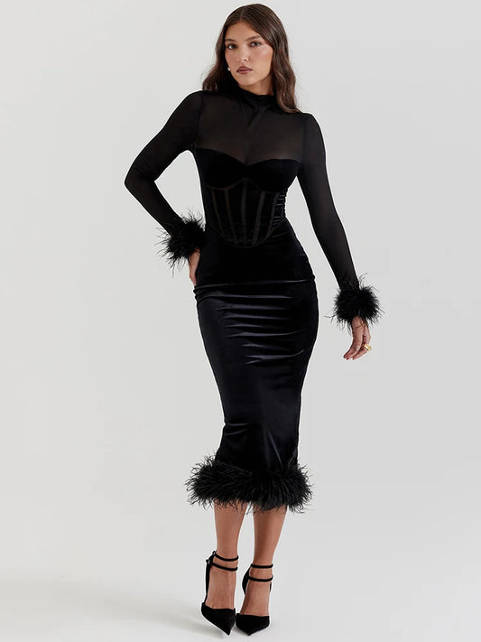 Elegant Feather Sexy Midi Dress for Women Black Fashion Sheer Long Sleeve Backless Bodycon Club Party Long Dress